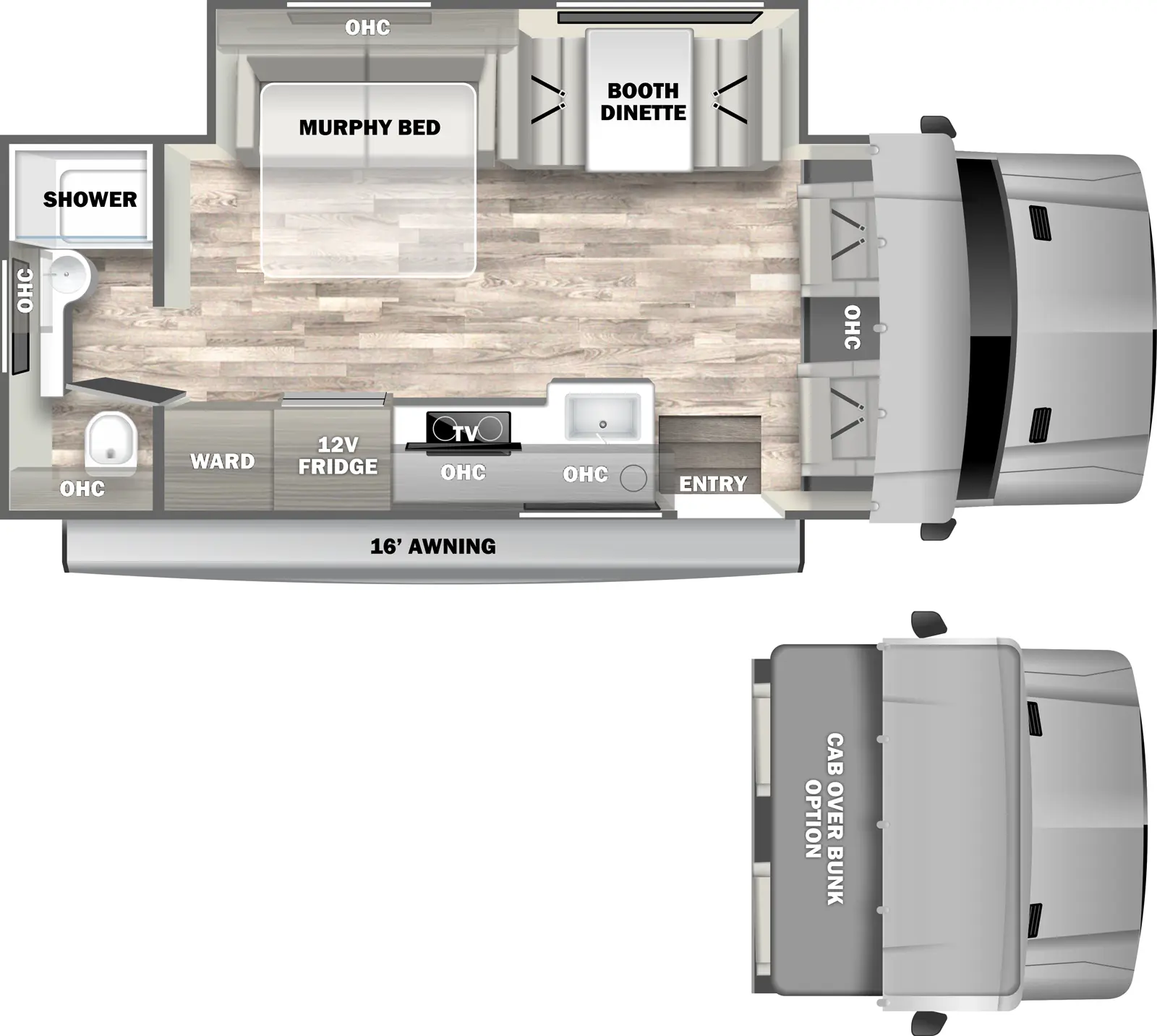 The 24SSSFXM has one slideout and one entry. Exterior features a 16 foot awning. Interior layout front to back: front cab (cabover bunk optional); off-door side slideout with booth dinette, murphy bed, and overhead cabinet; door side entry, kitchen counter with sink and cooktop, overhead cabinet with TV, 12V refrigerator, and wardrobe; rear full bathroom with overhead cabinets.